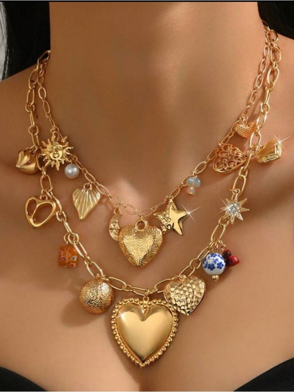 Gold Multicharm Heart Layered Necklace - Women Jewelry